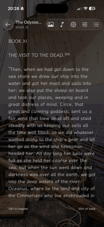 A page of The Odyssey over a ship scene