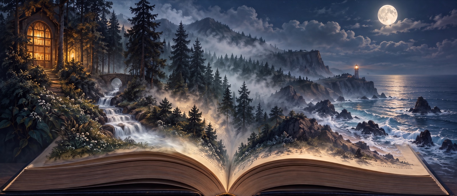 An open book with a forest, a waterfall and a moonlit sea rising from its pages